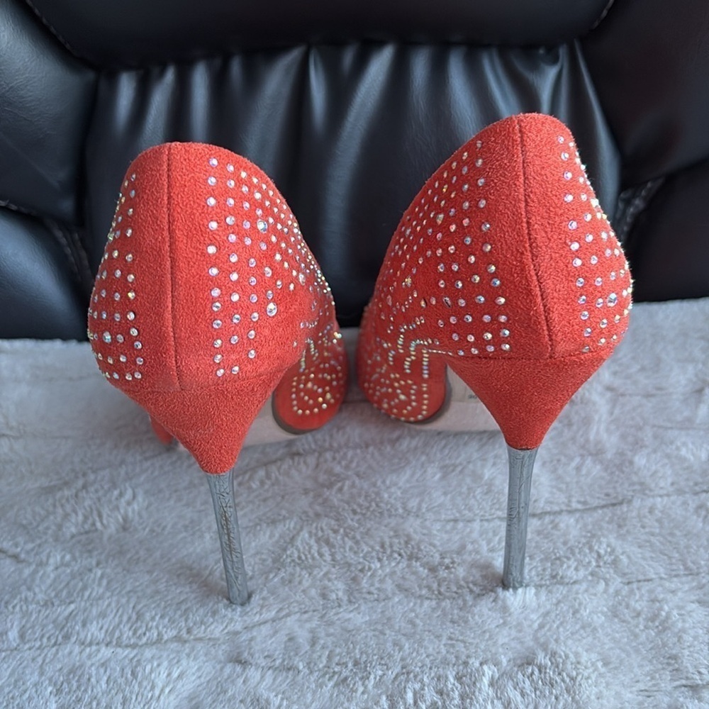 Orange Rhinestone Peek Toe Pumps - Picture 8 of 9